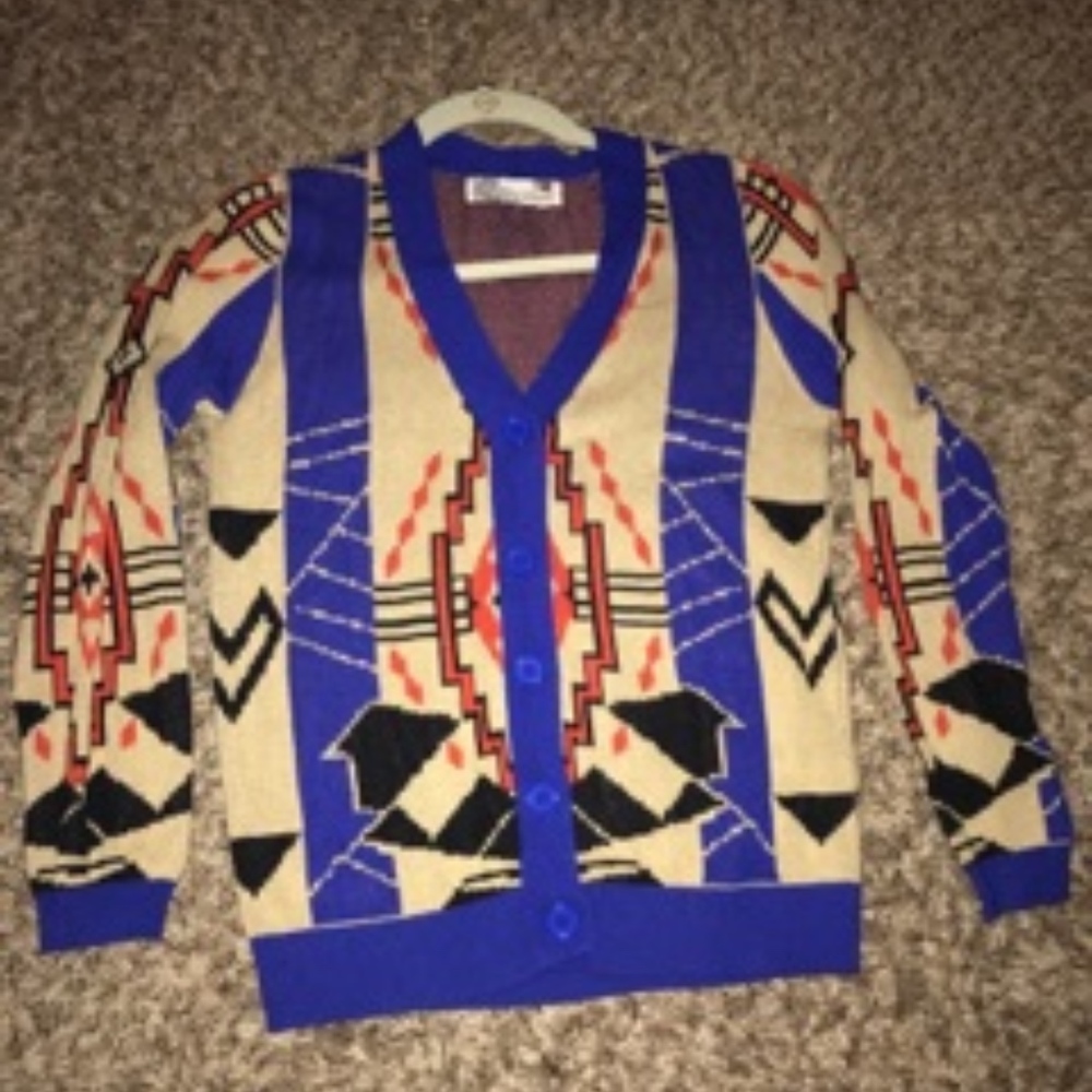 Tan & Royal Blue Aztec-Themed Cardigan